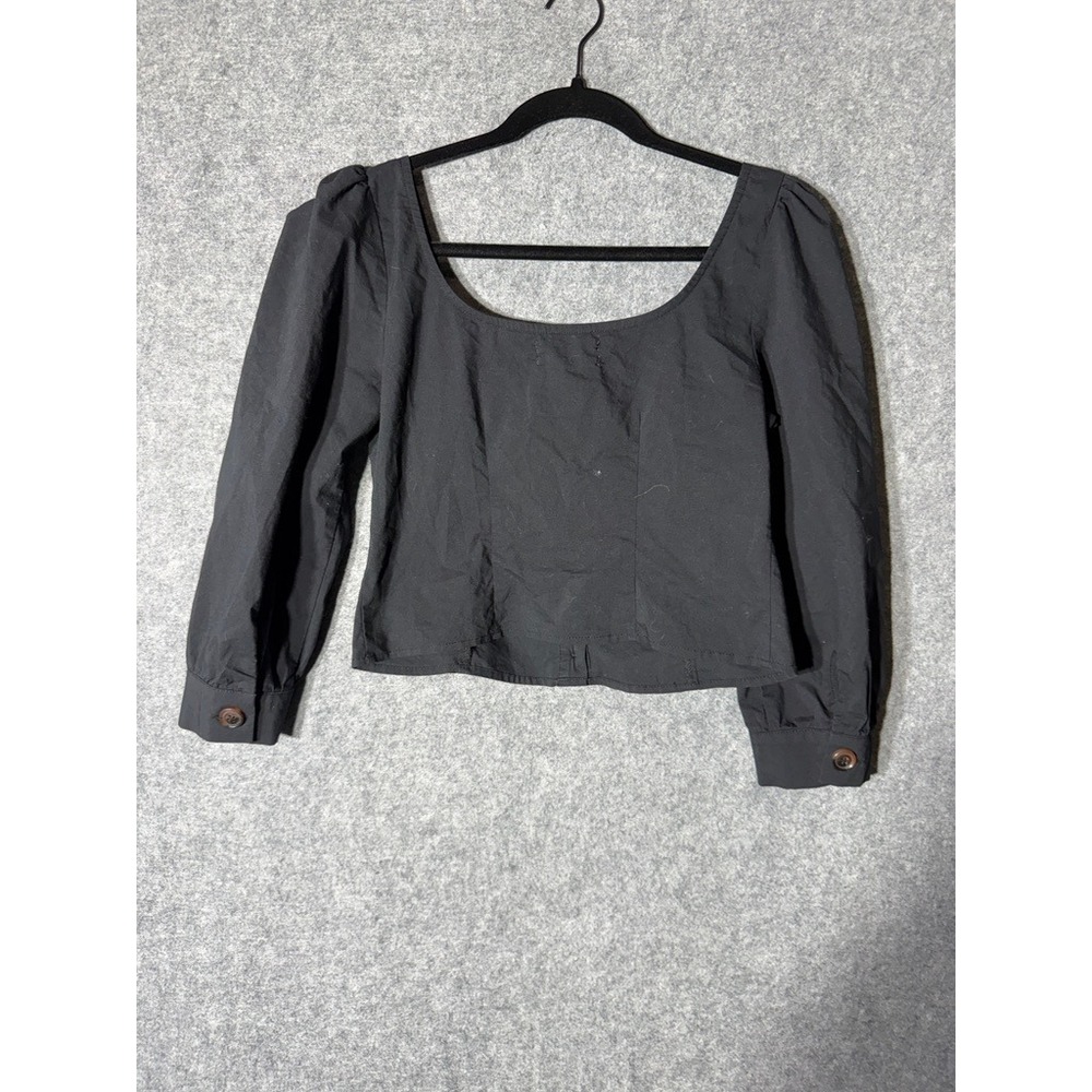 Urban Outfitters Black Square Neck Button Front Puff Sleeve Crop Top Medium - Picture 7 of 8